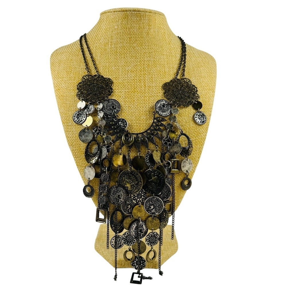 Vintage Style Mixed Metal Coin Filigree Statement Bib Necklace Antiqued Silver